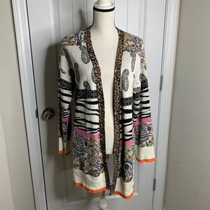 Anthropologie animal paisley zebra peacock open sweater cardigan size small boho